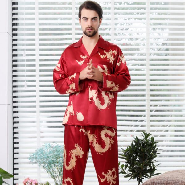 Simulated silk couple sleepwear new long sleeved set men's and women's V-neck silk printed dragon and phoenix home clothes - Image 9