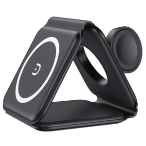 15W Portable 3-in-1 Magnetic Wireless Charger, Silicone Foldable Fast Charging Stand Base for iPhone 12/13 Series - Black