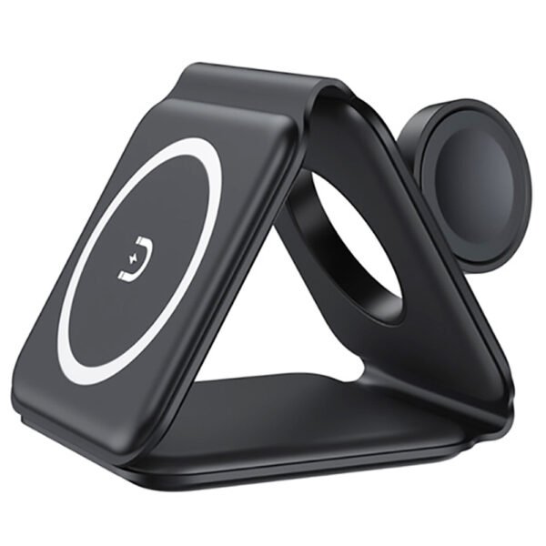 15W Portable 3-in-1 Magnetic Wireless Charger, Silicone Foldable Fast Charging Stand Base for iPhone 12/13 Series - Black