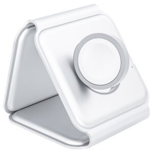 15W Portable 3-in-1 Magnetic Wireless Charger, Silicone Foldable Fast Charging Stand Base for iPhone 12/13 Series - White