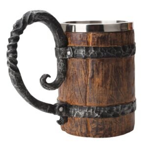 550ml Imitation Wooden Barrel Viking Beer Mug, Double-Layer, Stainless Steel Liner