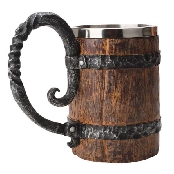 550ml Imitation Wooden Barrel Viking Beer Mug, Double-Layer, Stainless Steel Liner