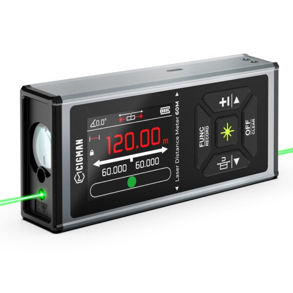 CIGMAN CD-60G Dual-Sided Green Laser Measure - 393ft/120m Range, Ft/in/m Units, 850mAh Battery, High Precision