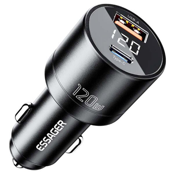 ESSAGER 120W Car Charger, USB-A+Type-C, Digital Display, Smart Chip, Shrapnel Design - Black
