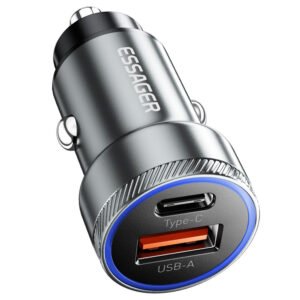 ESSAGER 54W Car Charger, USB-A+Type-C 2 Ports, PD Quick Charging, Ambient Light, Intelligent Chip - Gray