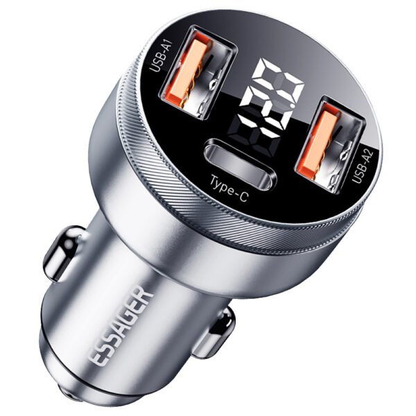 ESSAGER 80W Car Charger, Three Ports Output, 2USB-A+Type-C, Elastic Clip, Smart Chip - Gray