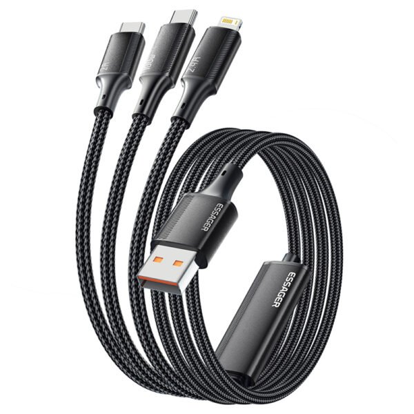 ESSAGER 100W 3 in 1 USB A to USB C, Lightning, Micro Data Cable - Black