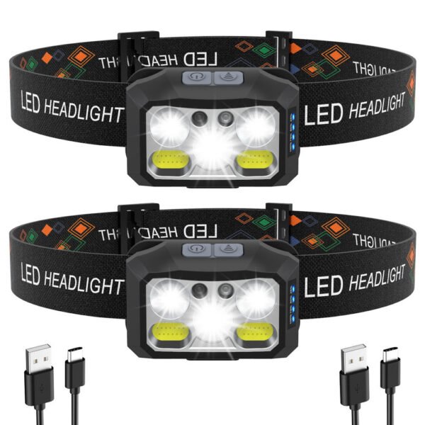 TD230 Motion Sensor Type-C Rechargeable Headlamp for Night Running / Camping / Hiking, 6 Key Modes & 6 Motion Sensor Modes - 2pcs