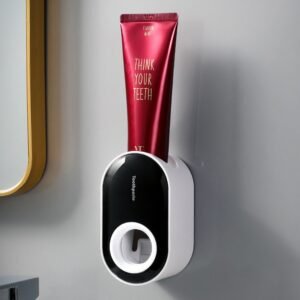 Automatic Toothpaste Squeezer, Wall Mounted Toothpaste Dispenser, Toothbrush Holder, Bathroom Accessories - Black + White