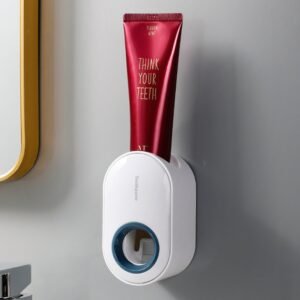 Automatic Toothpaste Squeezer, Wall Mounted Toothpaste Dispenser, Toothbrush Holder, Bathroom Accessories - White + Blue