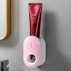 Automatic Toothpaste Squeezer, Wall Mounted Toothpaste Dispenser, Toothbrush Holder, Bathroom Accessories - Pink + White