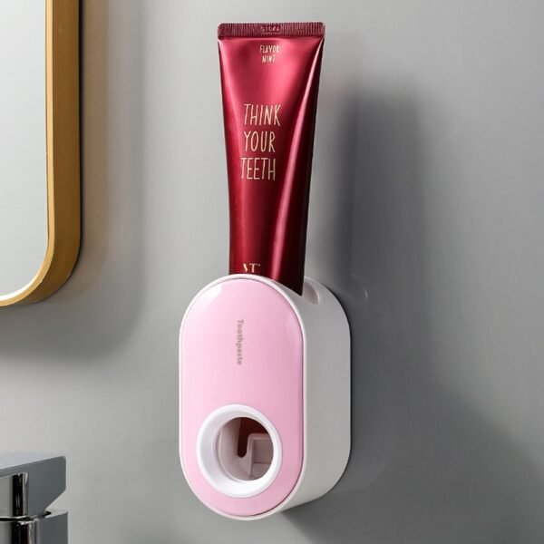 Automatic Toothpaste Squeezer, Wall Mounted Toothpaste Dispenser, Toothbrush Holder, Bathroom Accessories - Pink + White