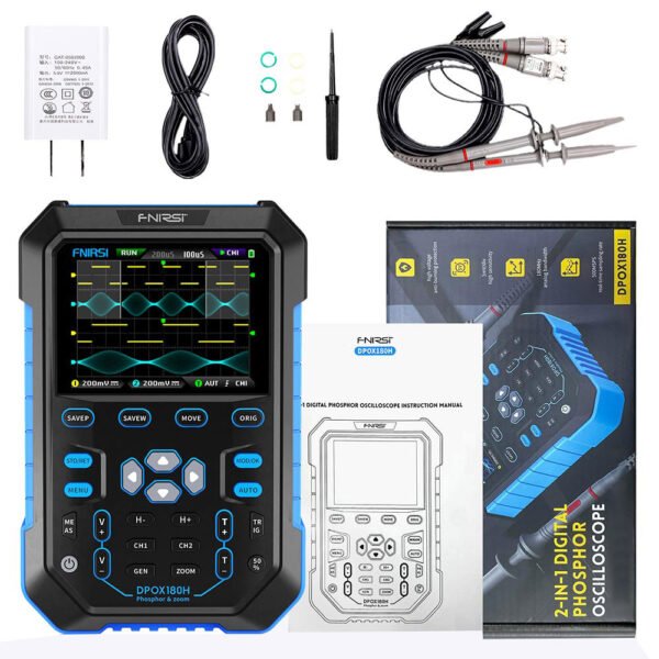 FNIRSI DPOX180H Digital Phosphor Oscilloscope 2 in 1 Dual-channel, 180MHz Bandwidth, DDS Signal Generator, EU Plug - Blue