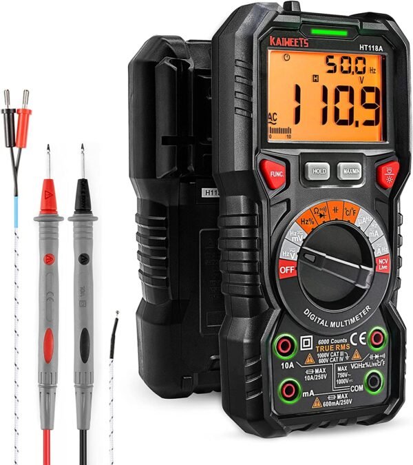 KAIWEETS HT118A TRMS Digital Multimeter - Auto-Ranging 6000 Counts, Voltage/Current/Resistance Tester