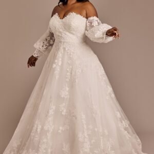 Lace Applique Gown with Removable Billow Sleeves