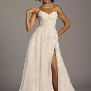Strapless Beaded Lace Basque Waist Wedding Dress