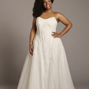 Strapless Lace Applique Basque Waist Ball Gown