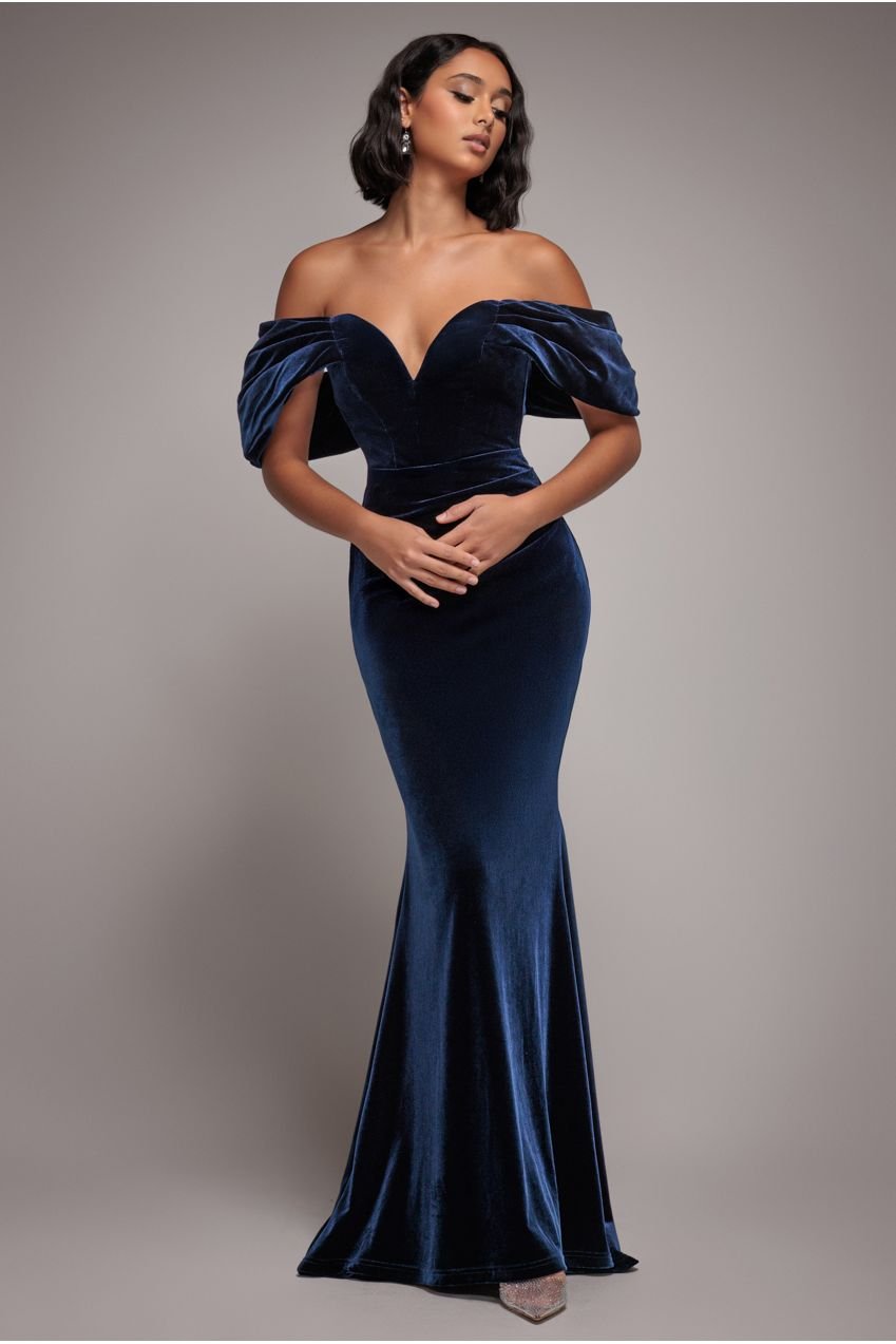 Goddiva Off The Shoulder Deep Plunge Velvet Maxi Dress – Navy Blue