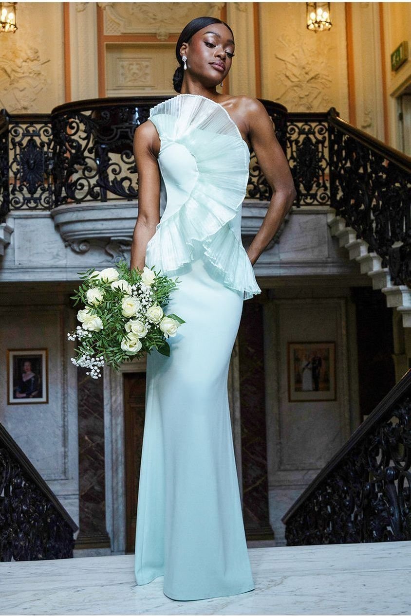 Goddiva One Shoulder Pleated Fan Maxi Dress – Mint Green