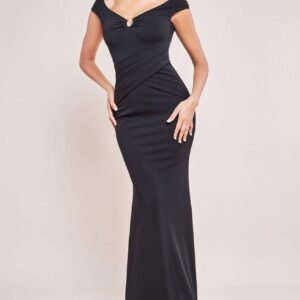 Goddiva Bardot Pleated Maxi With Metal Trim Maxi Dress - Black