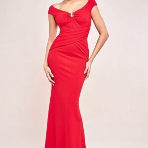 Goddiva Bardot Pleated Maxi With Metal Trim Maxi Dress - Red