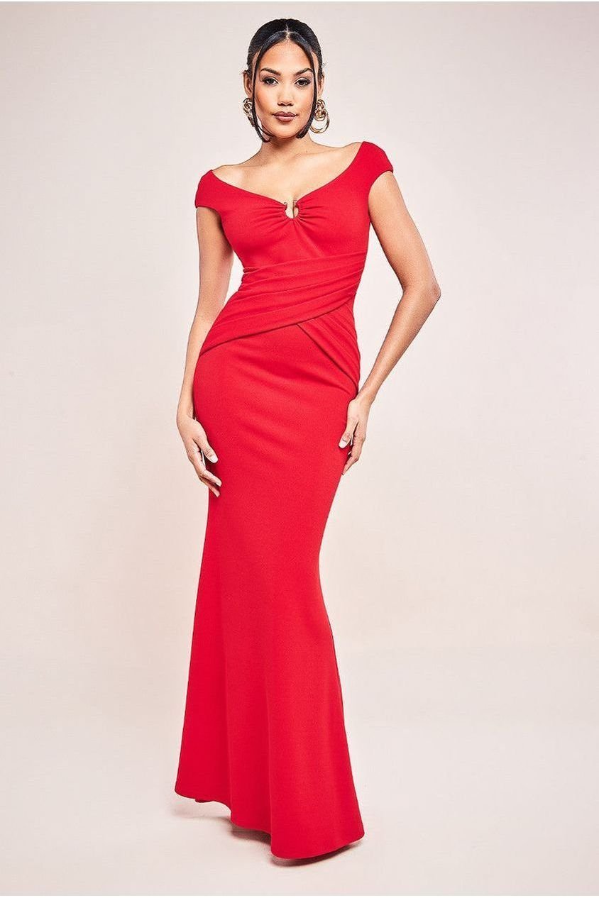 Goddiva Bardot Pleated Maxi With Metal Trim Maxi Dress – Red