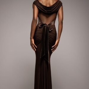 Goddiva Open Back Cowl Neck Gathered Maxi Dress With Velvet Tie Back - Brown