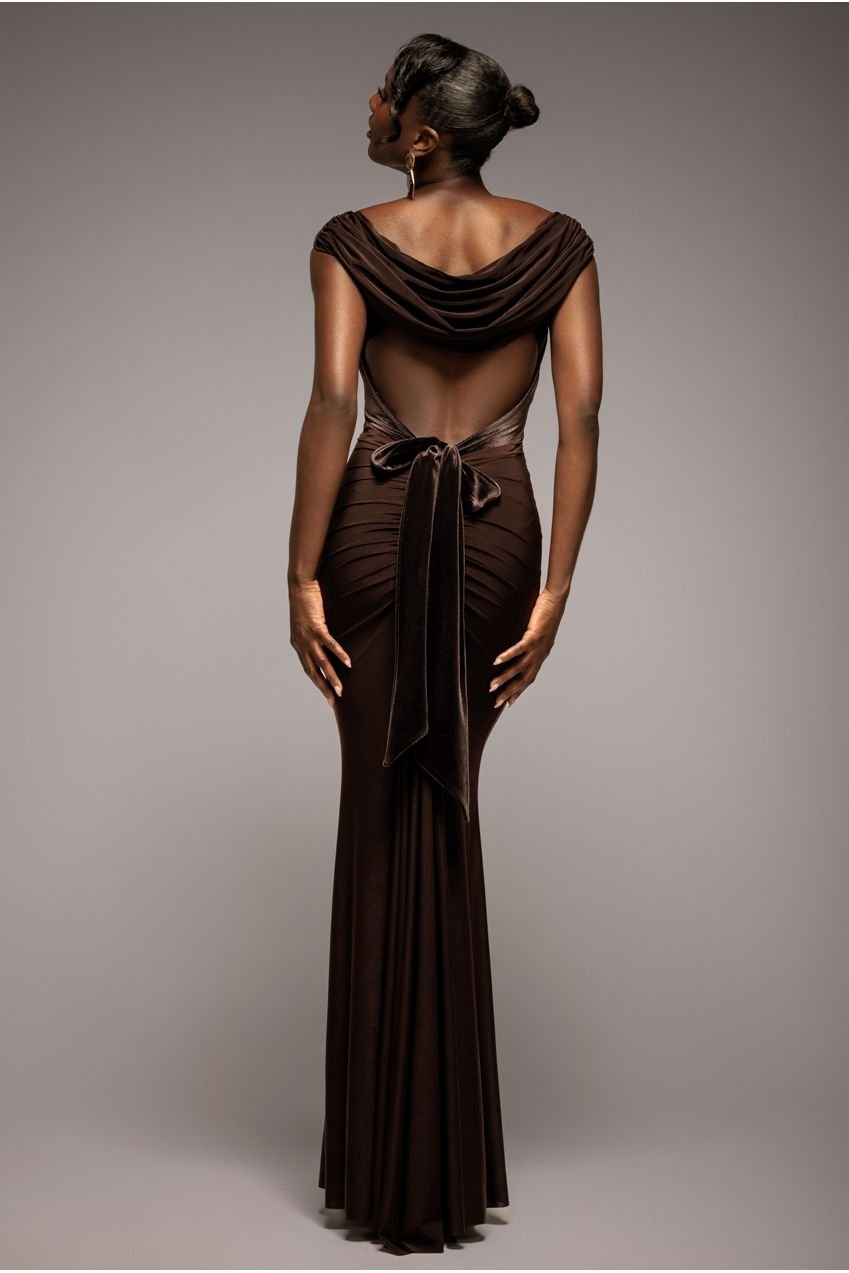 Goddiva Open Back Cowl Neck Gathered Maxi Dress With Velvet Tie Back – Brown