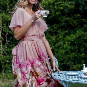 Goddiva Chiffon Floral Border Print Midi Dress - Blush