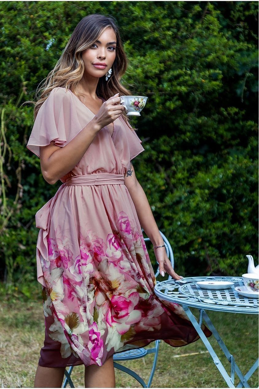 Goddiva Chiffon Floral Border Print Midi Dress – Blush