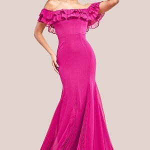 Goddiva Frilled Off The Shoulder Pleated Chiffon Maxi Dress - Magenta