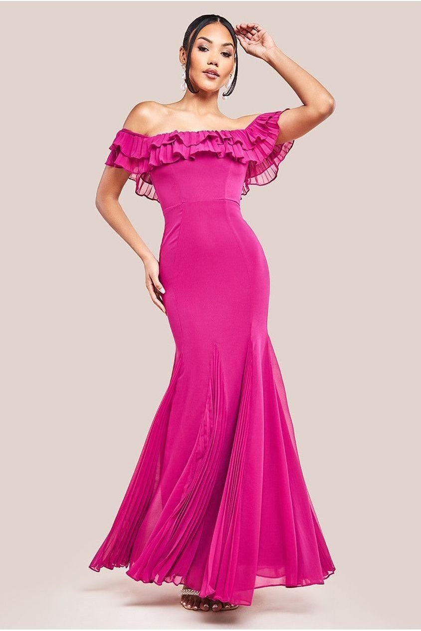 Goddiva Frilled Off The Shoulder Pleated Chiffon Maxi Dress – Magenta