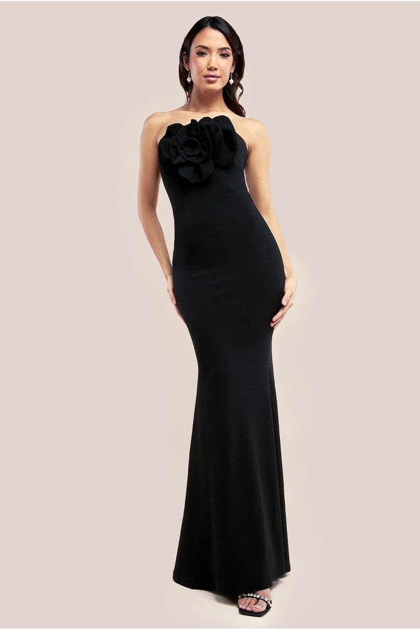 Goddiva Scuba Crepe Bandeau Rose Maxi Dress – Black