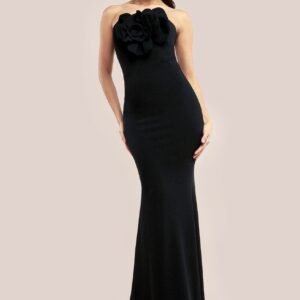 Goddiva Scuba Crepe Bandeau Rose Maxi Dress - Black