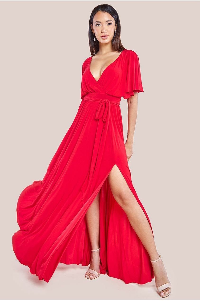 Goddiva Wrap Front Maxi With Flutter Sleeves – Red