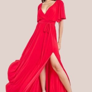 Goddiva Wrap Front Maxi With Flutter Sleeves - Red
