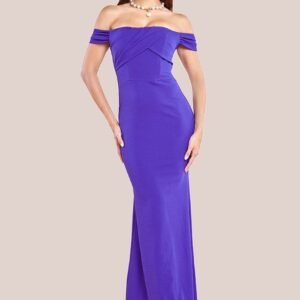 Goddiva Pleated Bardot Scuba Maxi Dress - Purple