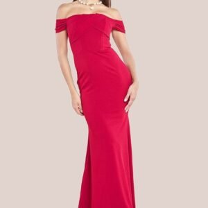 Goddiva Pleated Bardot Scuba Maxi Dress - Wine