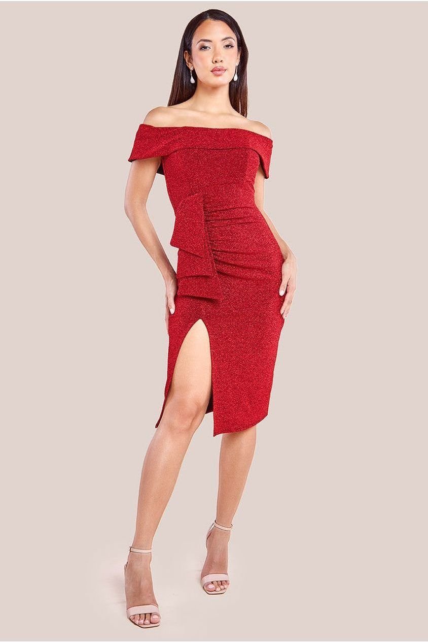 Goddiva Sparkling Bardot Midi With Waterfall Ruffle – Red