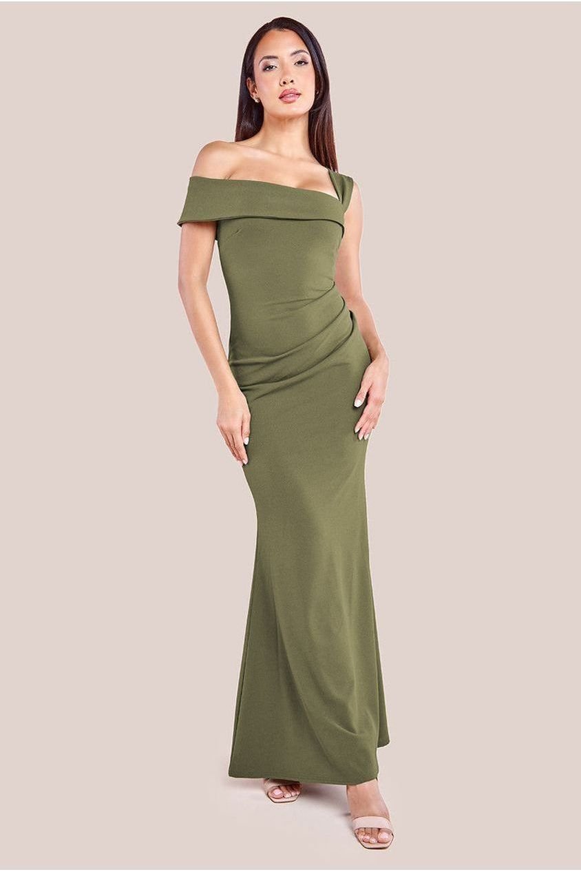 Goddiva Off The Shoulder Pleated Waist Maxi Dress – Khaki