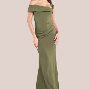 Goddiva Off The Shoulder Pleated Waist Maxi Dress - Khaki