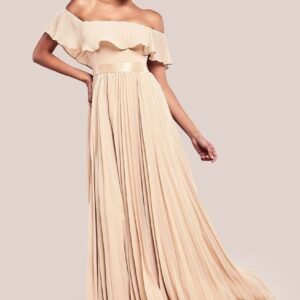 Goddiva Pleated Chiffon Off Shoulder Maxi Dress - Beige