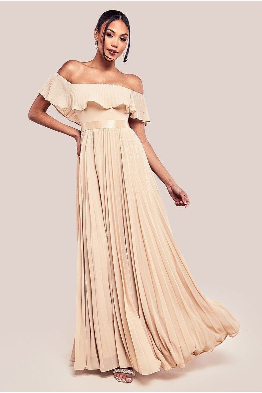 Goddiva Pleated Chiffon Off Shoulder Maxi Dress – Beige