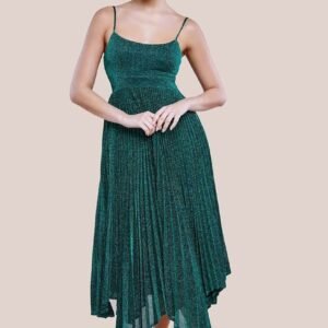 Goddiva Tie Back Pleated Lurex Skater Midi Dress - Emerald