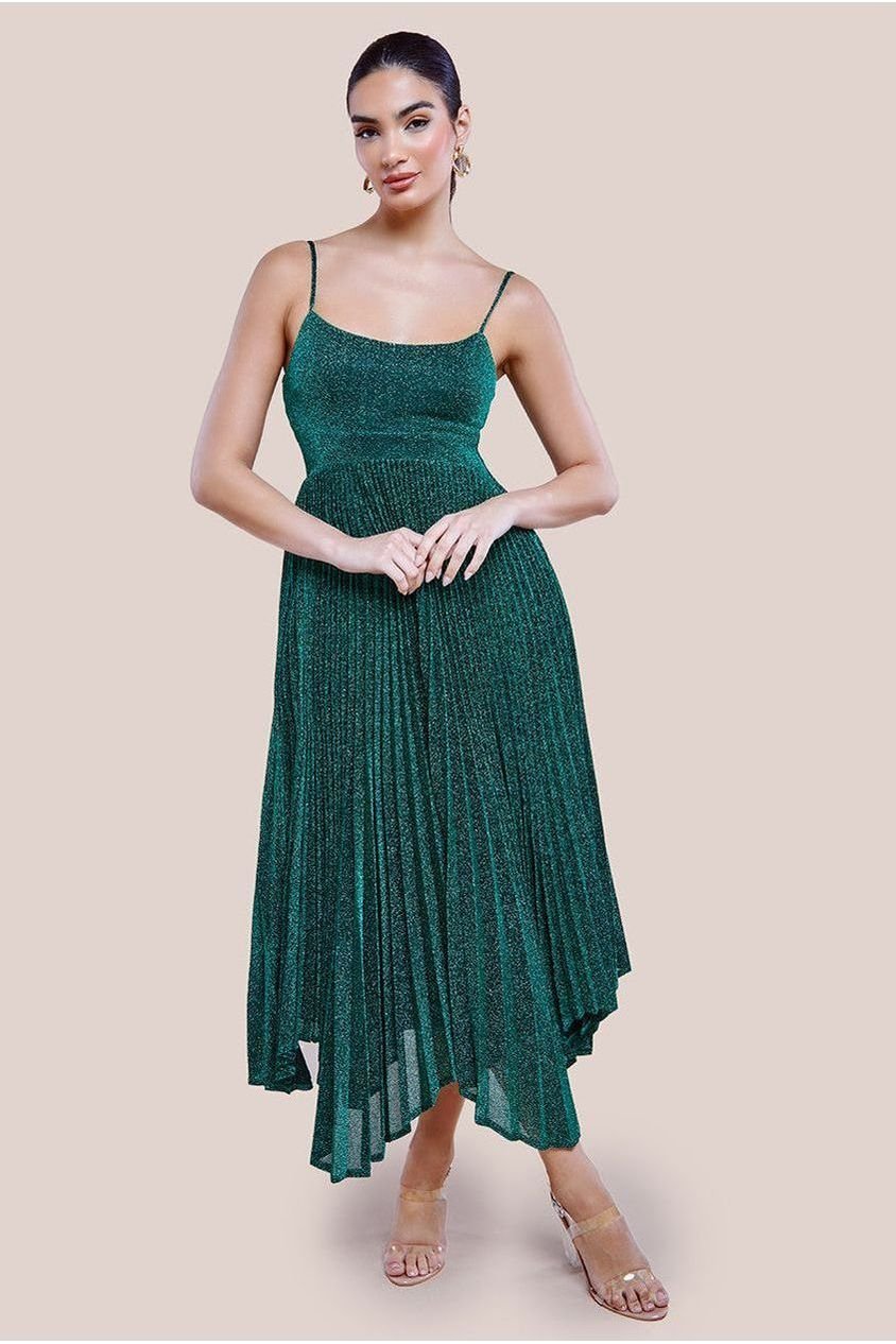 Goddiva Tie Back Pleated Lurex Skater Midi Dress – Emerald