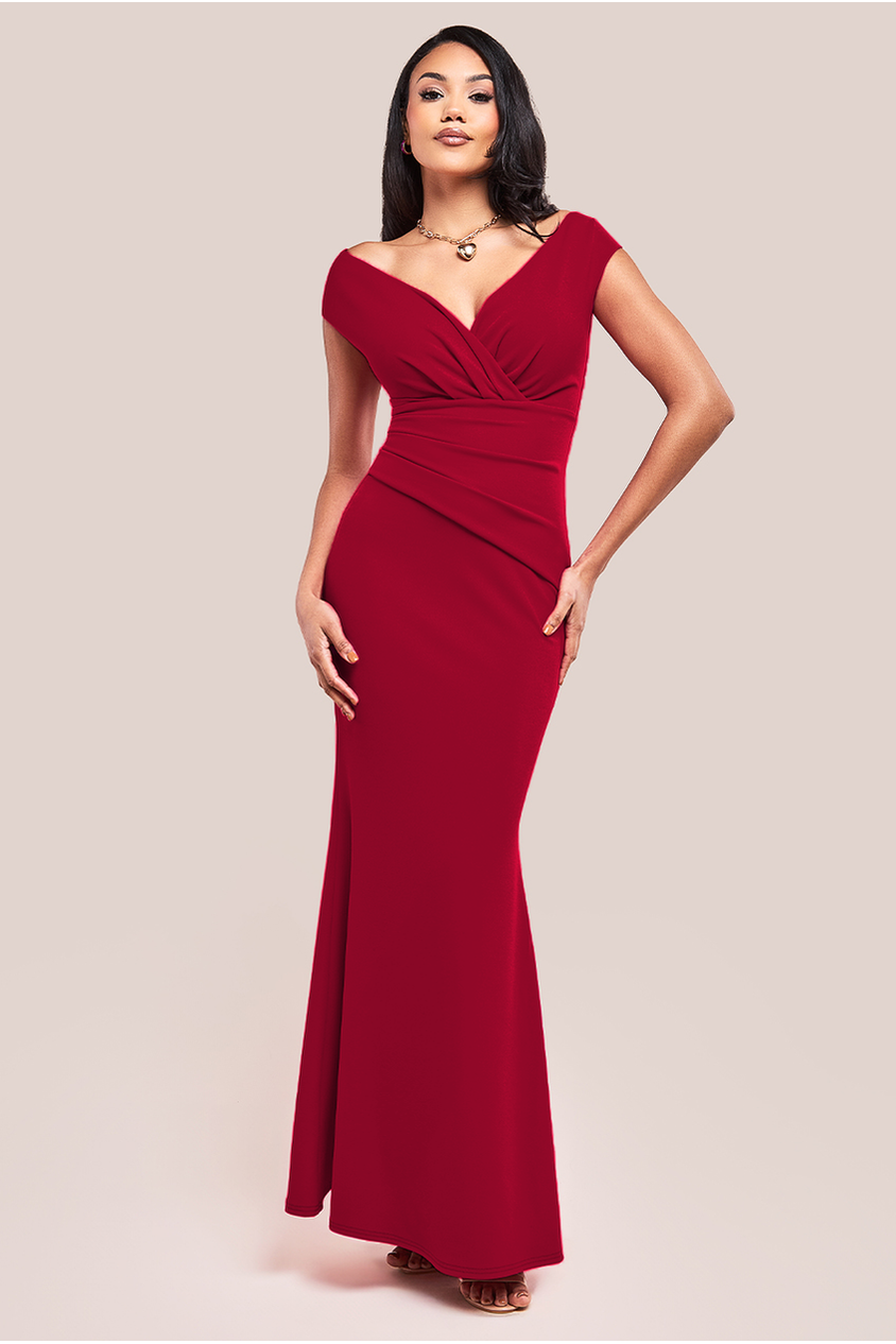 Goddiva Bardot Pleated Maxi Dress – Wine