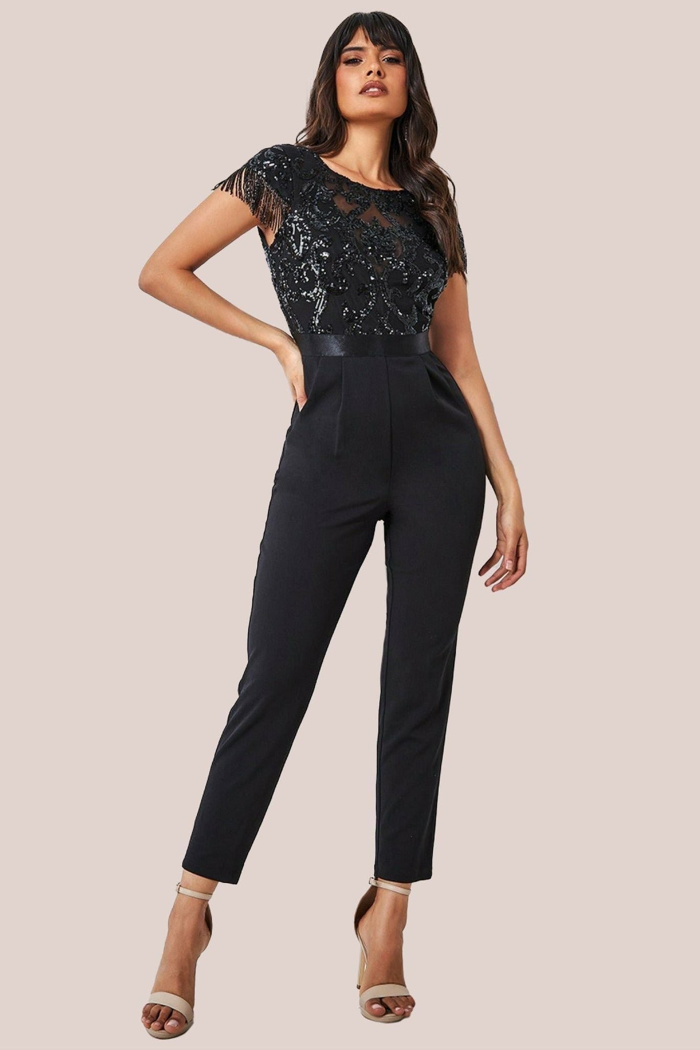 Goddiva Tassel Sequin Romper – Black