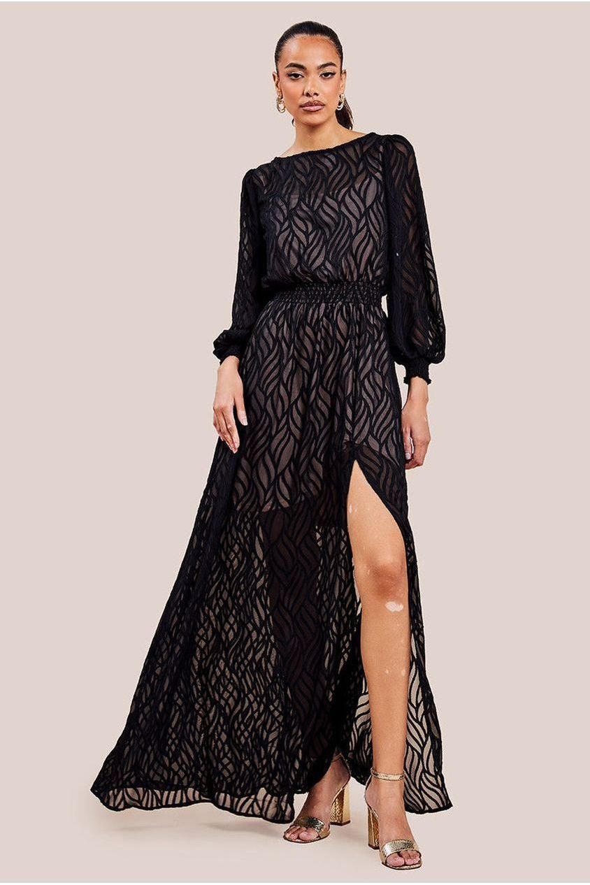 Goddiva Chiffon Geo-Wave Front Split Maxi Dress – Black