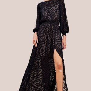Goddiva Chiffon Geo-Wave Front Split Maxi Dress - Black