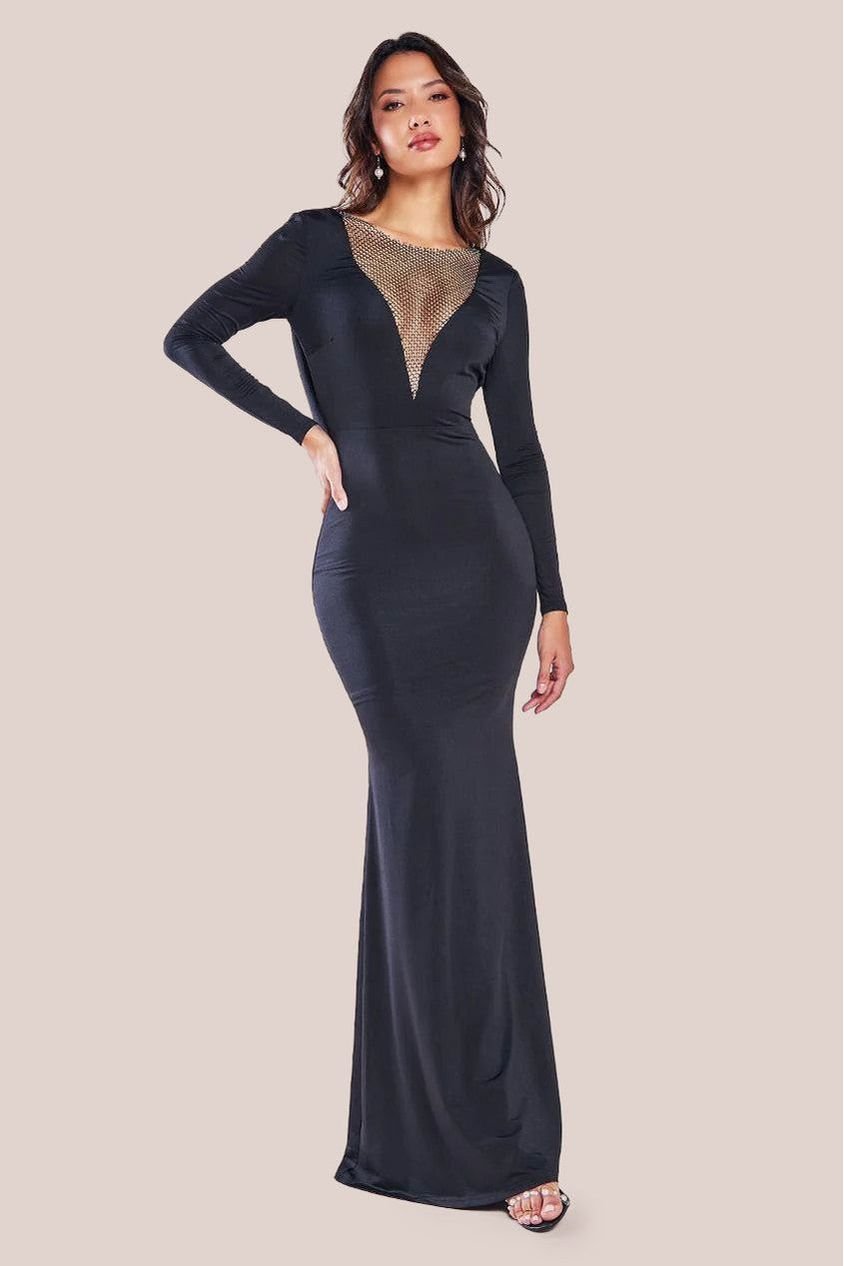 Goddiva Diamante Fishnet Cowl Back Maxi – Black